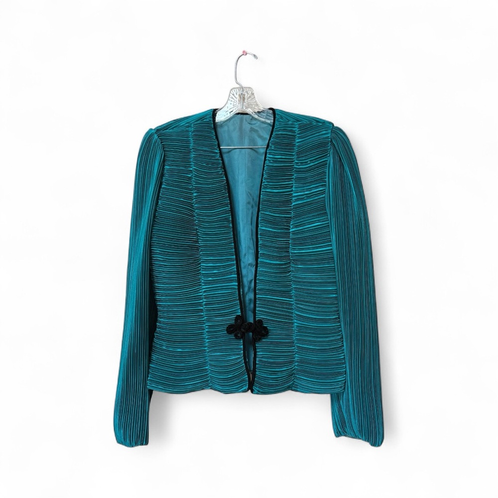 Vintage Teal Pleated Jacket 14 Frog Closure Jewel Tone Artwear
